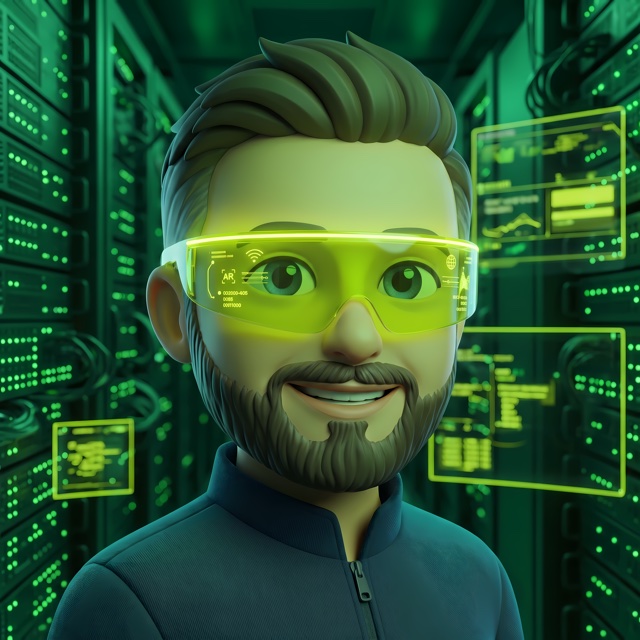 Adrien Paelinck, product owner and front-end lead. 3D memoji portrait, AR glasses, green-lit server room.