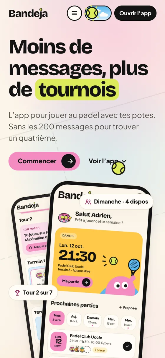 Écran d’accueil de Bandeja sur téléphone : « Moins de messages, plus de tournois », avec l’aperçu de l’app.