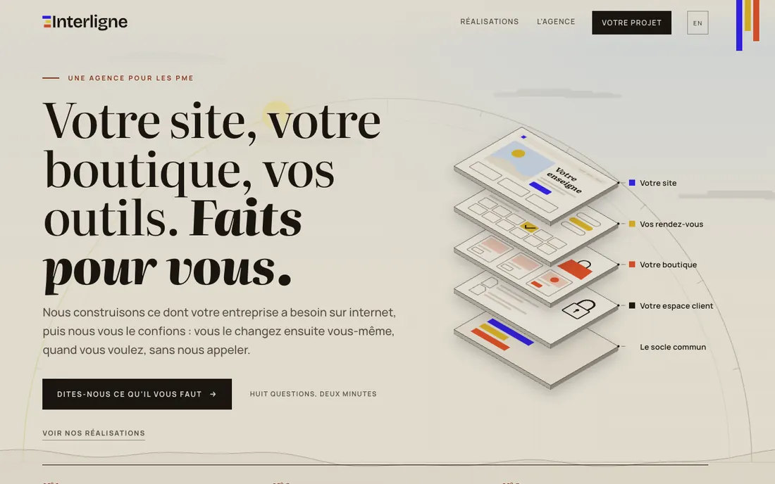 Page d’accueil d’Interligne : « Votre site, votre boutique, vos outils. Faits pour vous. », avec un schéma en couches.